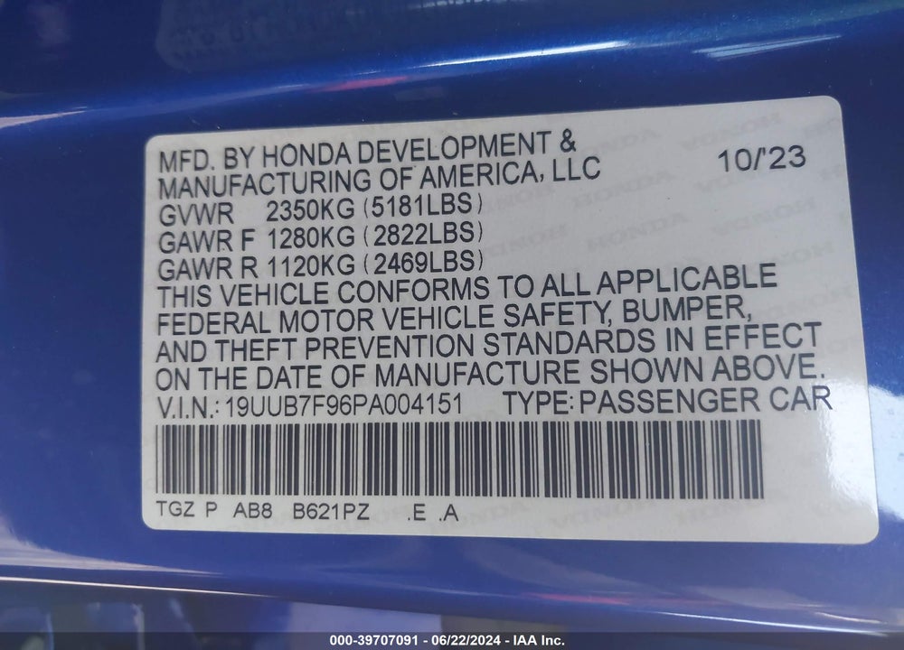 2023 ACURA TLX TYPE S - HP WHEEL AND TIRE VIN: 19UUB7F96PA004151