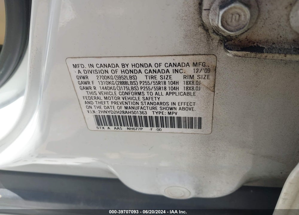 2010 ACURA MDX VIN: 2HNYD2H28AH501363