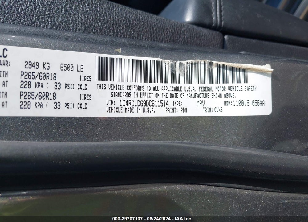 2013 DODGE DURANGO CREW VIN: 1C4RDJDG9DC611514