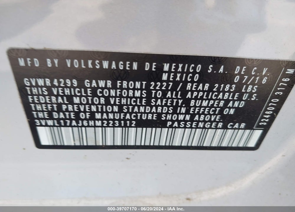 2017 VOLKSWAGEN JETTA VIN: 3VWL17AJ6HM223112