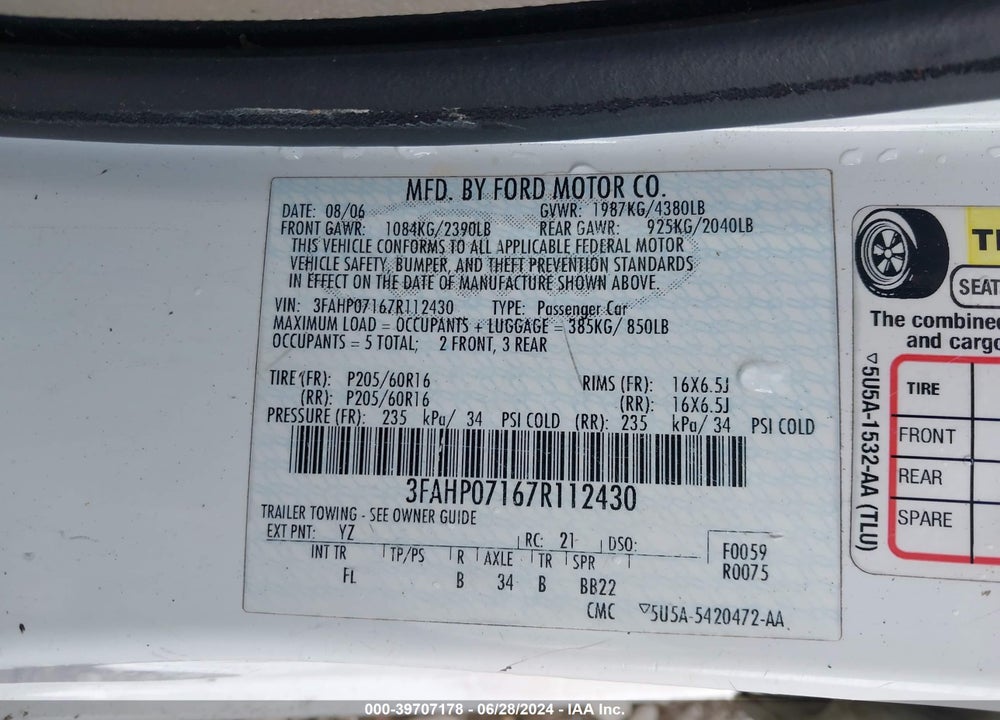 2007 FORD FUSION SE VIN: 3FAHP07167R112430