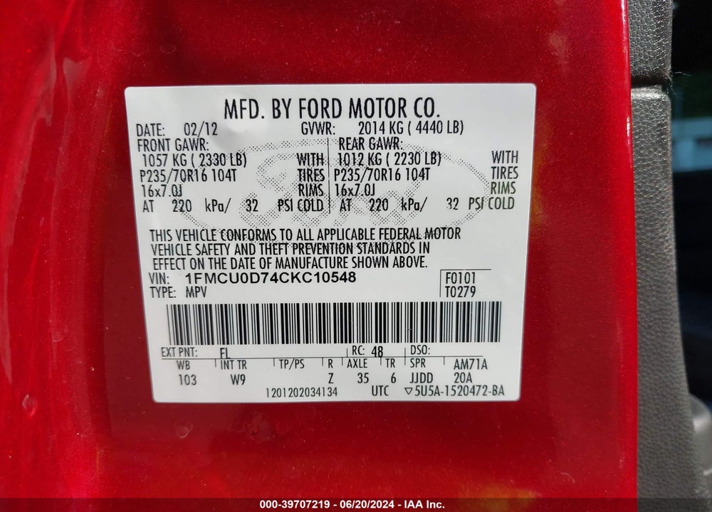 2012 FORD ESCAPE VIN: 1FMCU0D74CKC10548