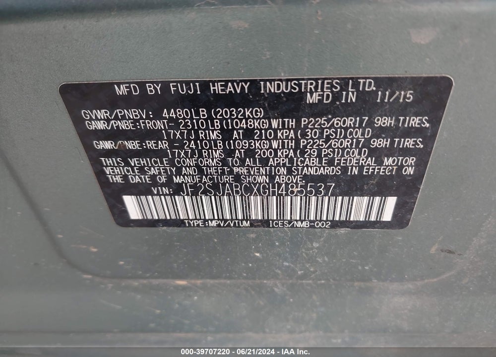 2016 SUBARU FORESTER 2.5I VIN: JF2SJABCXGH485537