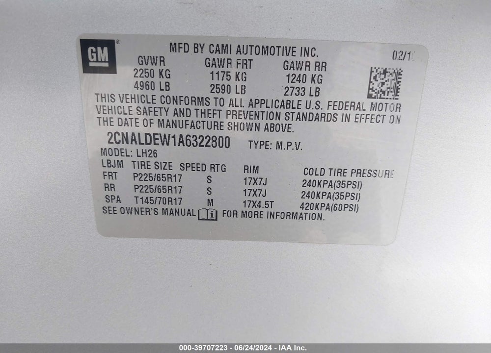 2010 CHEVROLET EQUINOX LT VIN: 2CNALDEW1A6322800