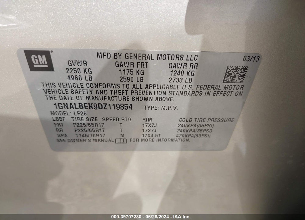2013 CHEVROLET EQUINOX LS VIN: 1GNALBEK9DZ119854