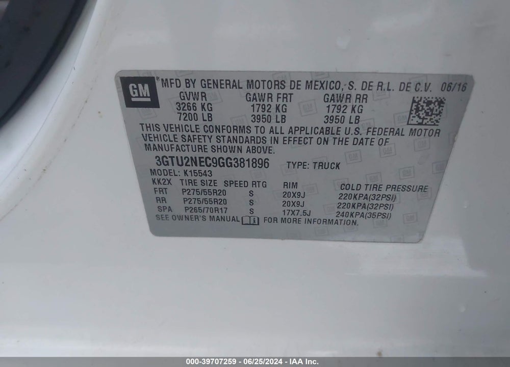 2016 GMC SIERRA 1500 SLT VIN: 3GTU2NEC9GG381896