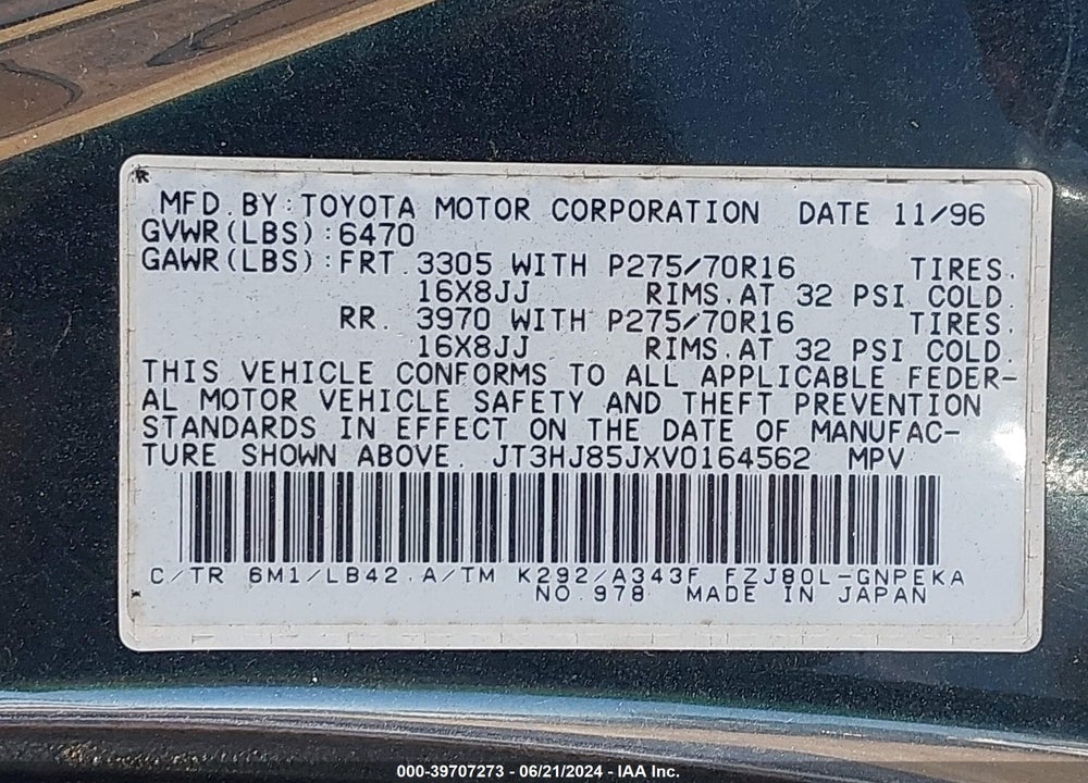 1997 TOYOTA LAND CRUISER VIN: JT3HJ85JXV0164562