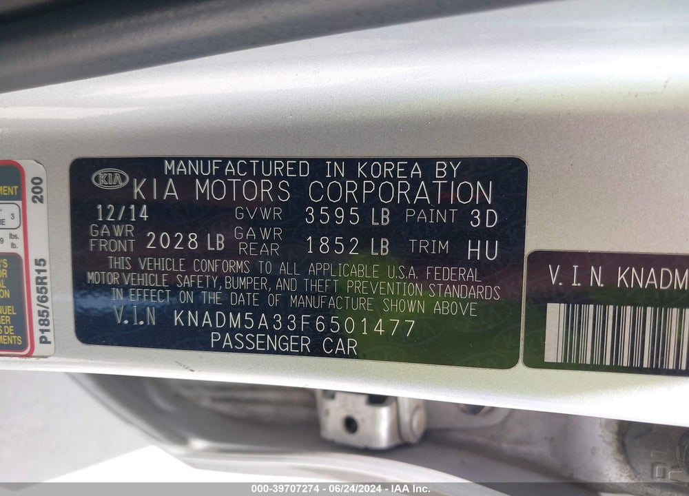 2015 KIA RIO LX VIN: KNADM5A33F6501477