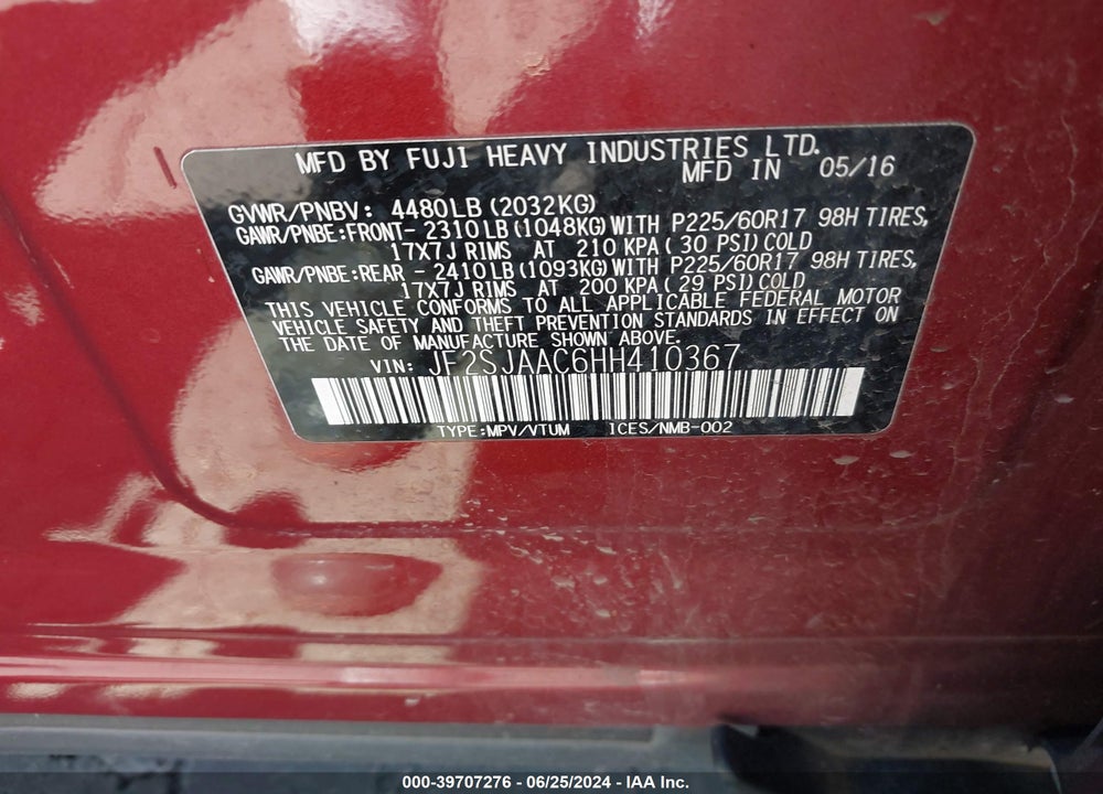 2017 SUBARU FORESTER 2.5I VIN: JF2SJAAC6HH410367