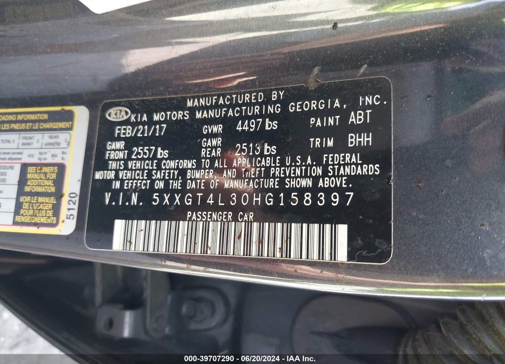 2017 KIA OPTIMA LX VIN: 5XXGT4L30HG158397