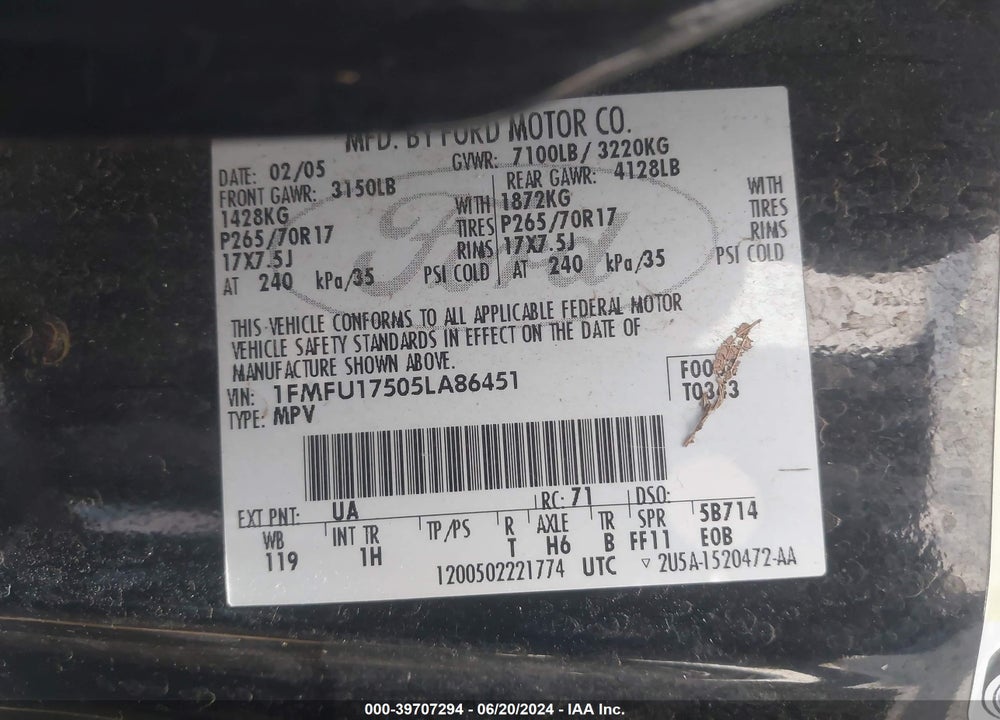 2005 FORD EXPEDITION EDDIE BAUER/KING RANCH VIN: 1FMFU17505LA86451