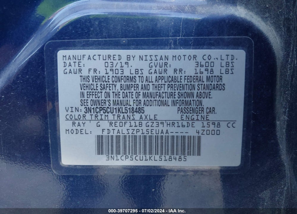 2019 NISSAN KICKS SV VIN: 3N1CP5CU1KL518485