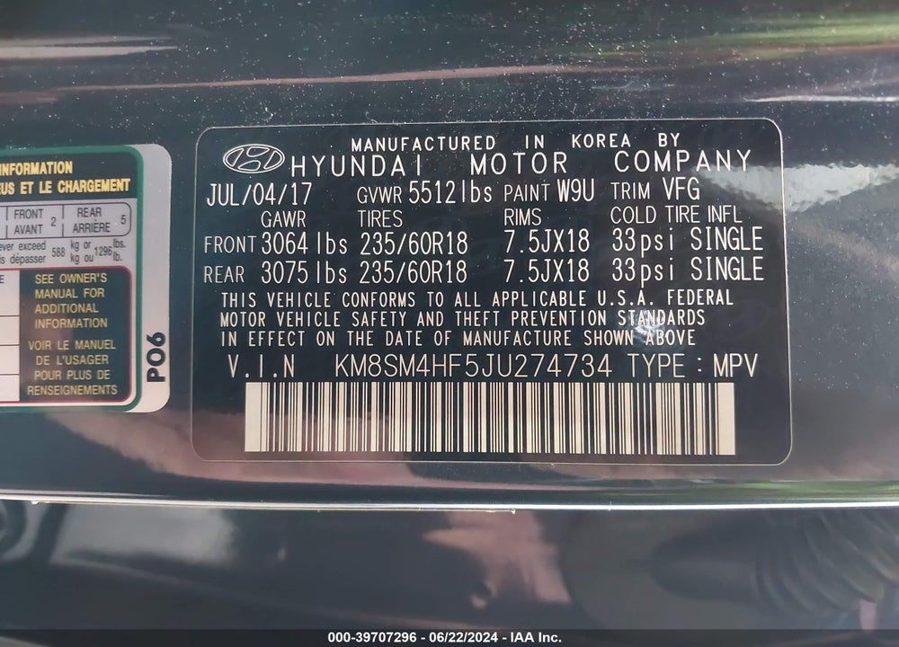 2018 HYUNDAI SANTA FE SE VIN: KM8SM4HF5JU274734