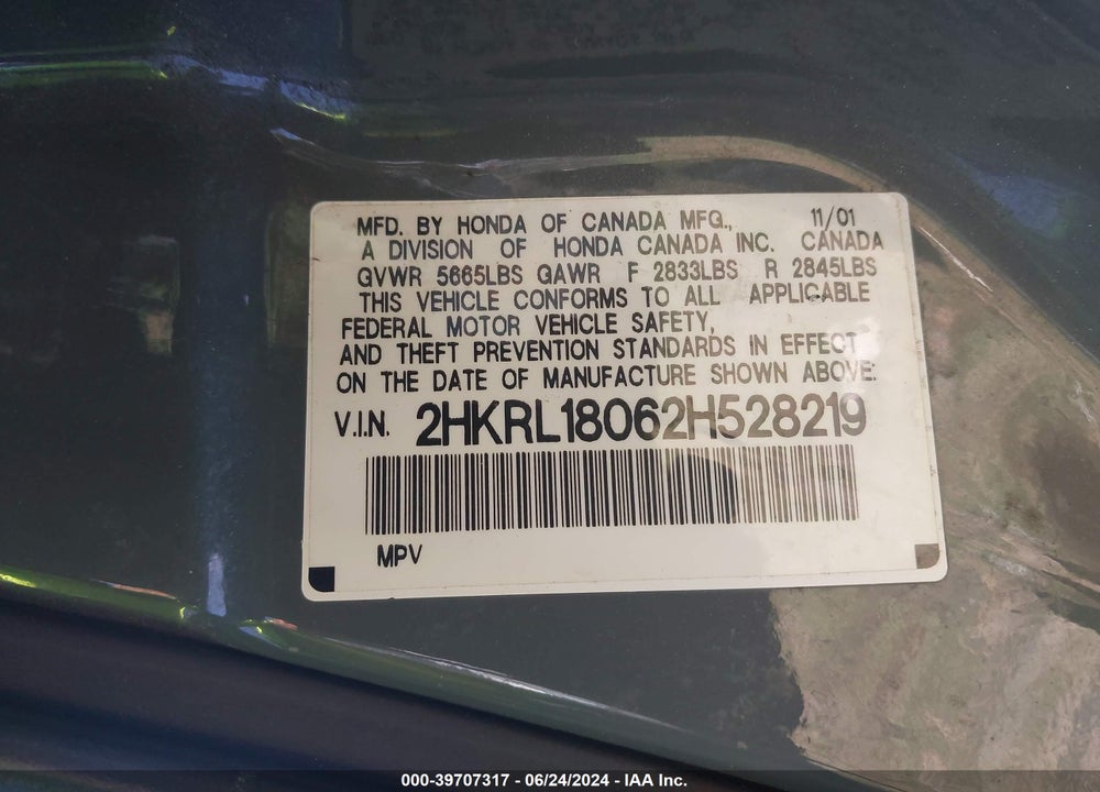 2002 HONDA ODYSSEY EX-L VIN: 2HKRL18062H528219