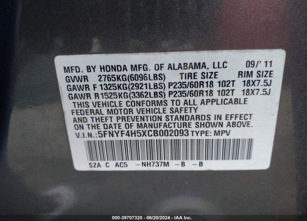 2012 HONDA PILOT EX-L VIN: 5FNYF4H5XCB002093