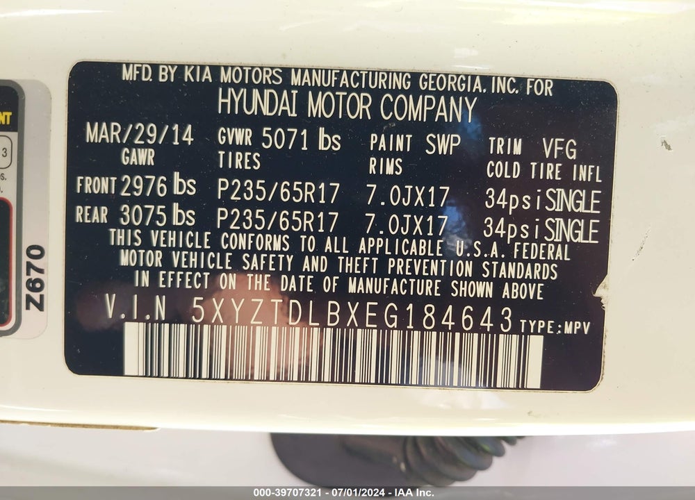 2014 HYUNDAI SANTA FE SPORT 2.4L VIN: 5XYZTDLBXEG184643