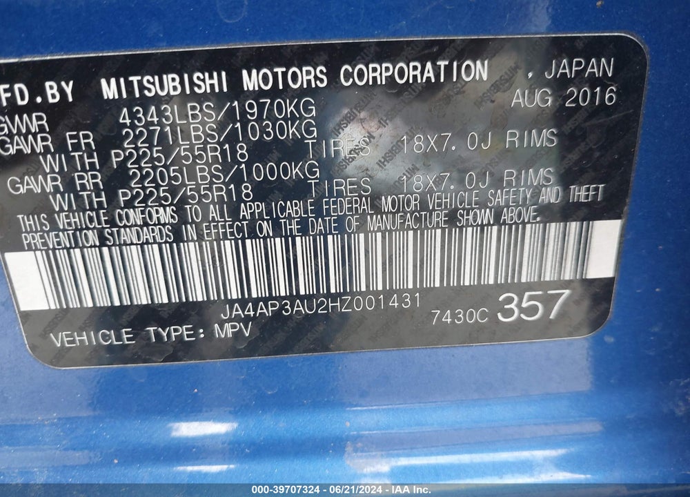 2017 MITSUBISHI OUTLANDER SPORT 2.0 ES/2.0 LE VIN: JA4AP3AU2HZ001431