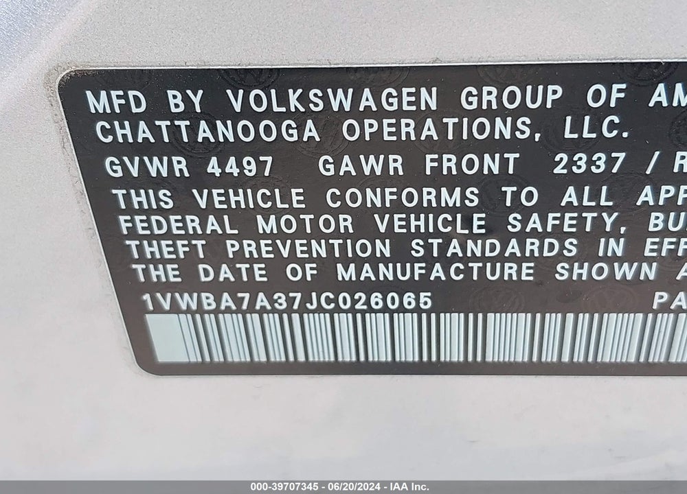 2018 VOLKSWAGEN PASSAT 2.0T SE VIN: 1VWBA7A37JC026065