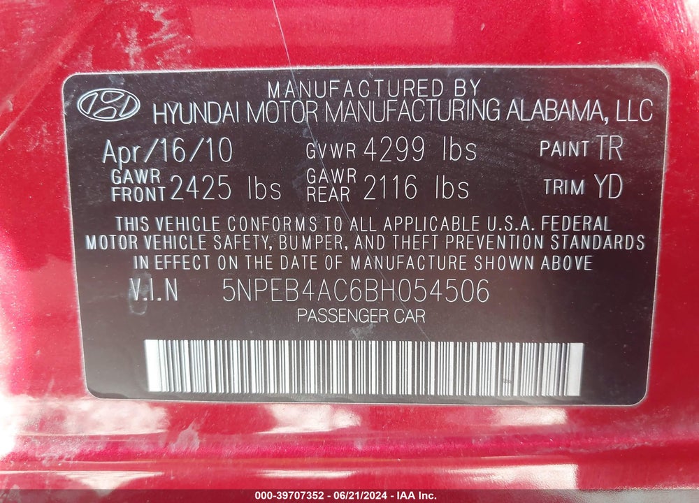 2011 HYUNDAI SONATA GLS VIN: 5NPEB4AC6BH054506
