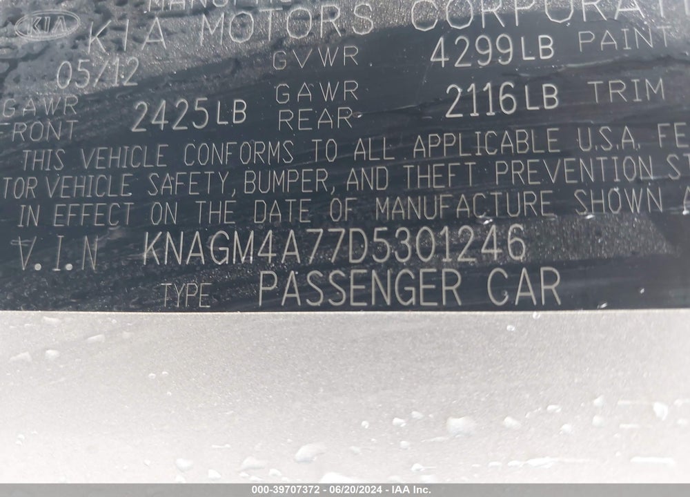 2013 KIA OPTIMA LX VIN: KNAGM4A77D5301246