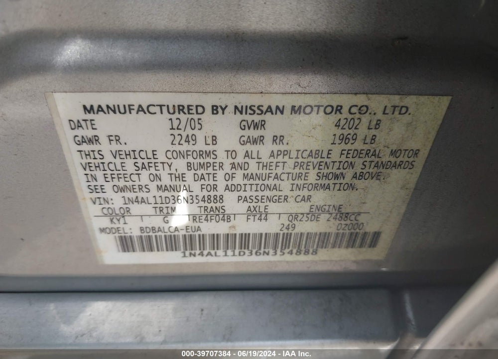 2006 NISSAN ALTIMA 2.5 S VIN: 1N4AL11D36N354888