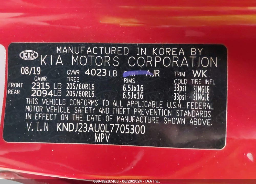 2020 KIA SOUL LX VIN: KNDJ23AU0L7705300
