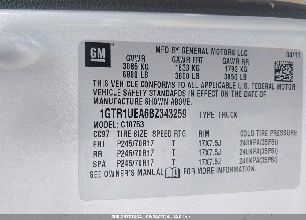 2011 GMC SIERRA 1500 SL VIN: 1GTR1UEA6BZ343259
