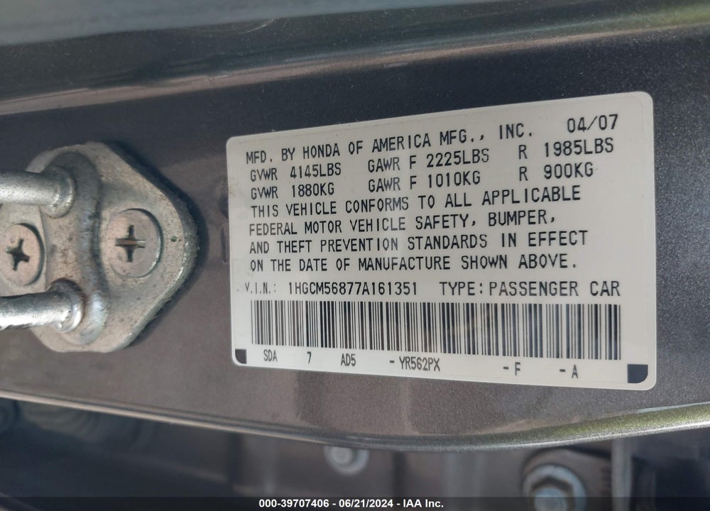 2007 HONDA ACCORD 2.4 EX VIN: 1HGCM56877A161351