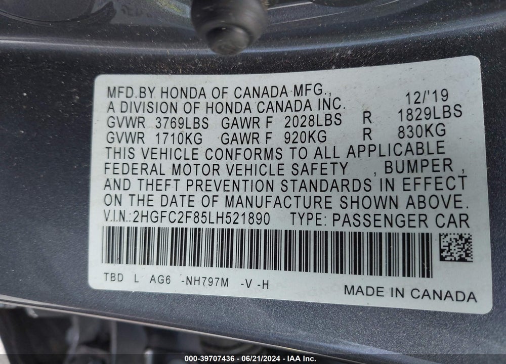 2020 HONDA CIVIC SPORT VIN: 2HGFC2F85LH521890
