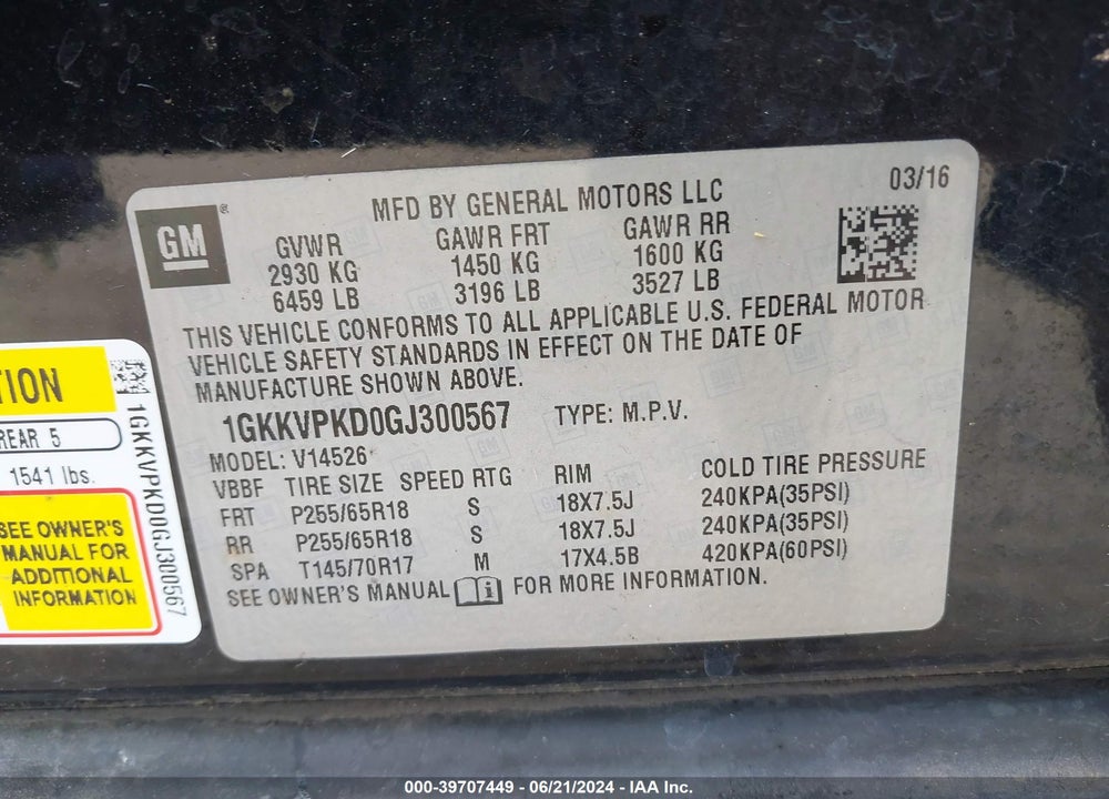 2016 GMC ACADIA SLE-2 VIN: 1GKKVPKD0GJ300567