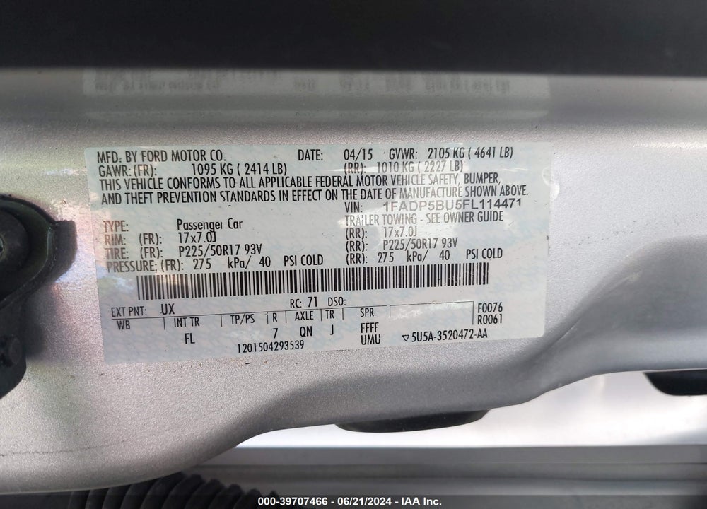 2015 FORD C-MAX HYBRID SEL VIN: 1FADP5BU5FL114471
