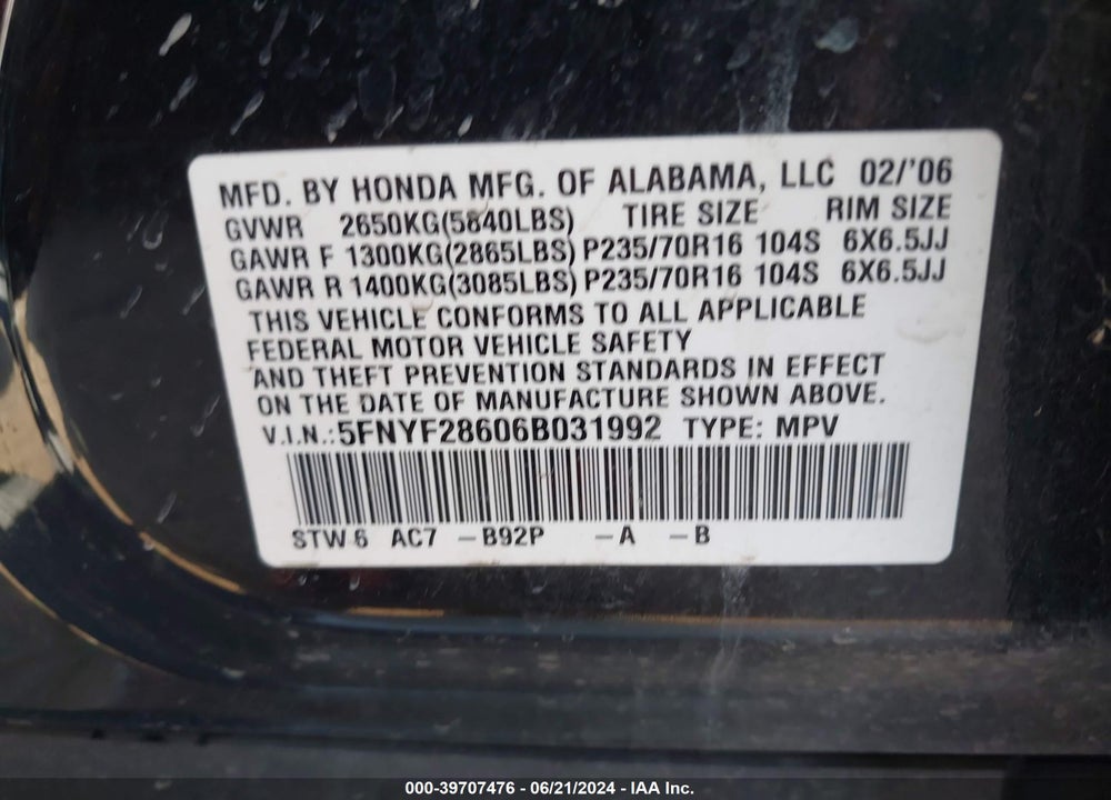 2006 HONDA PILOT EX-L VIN: 5FNYF28606B031992