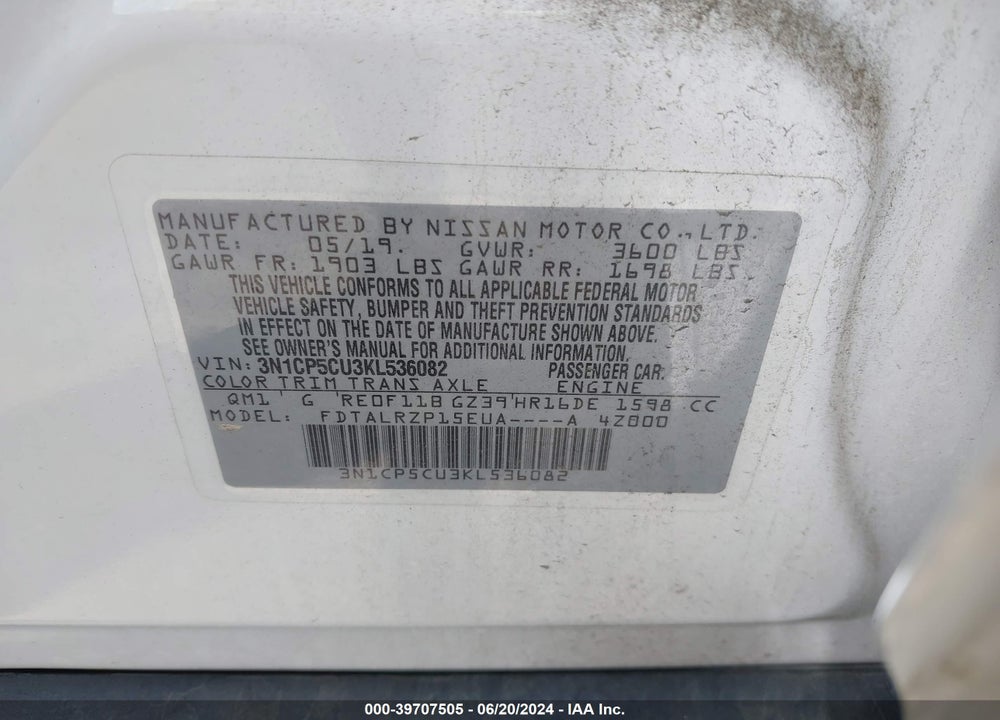 2019 NISSAN KICKS S VIN: 3N1CP5CU3KL536082