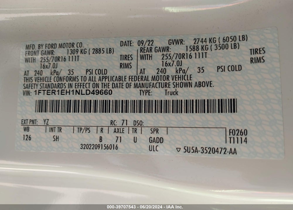 2022 FORD RANGER XL VIN: 1FTER1EH1NLD49660