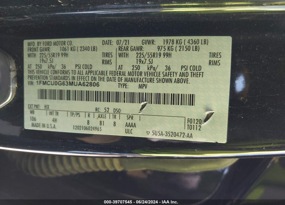 2021 FORD ESCAPE SE VIN: 1FMCU0G63MUA62806