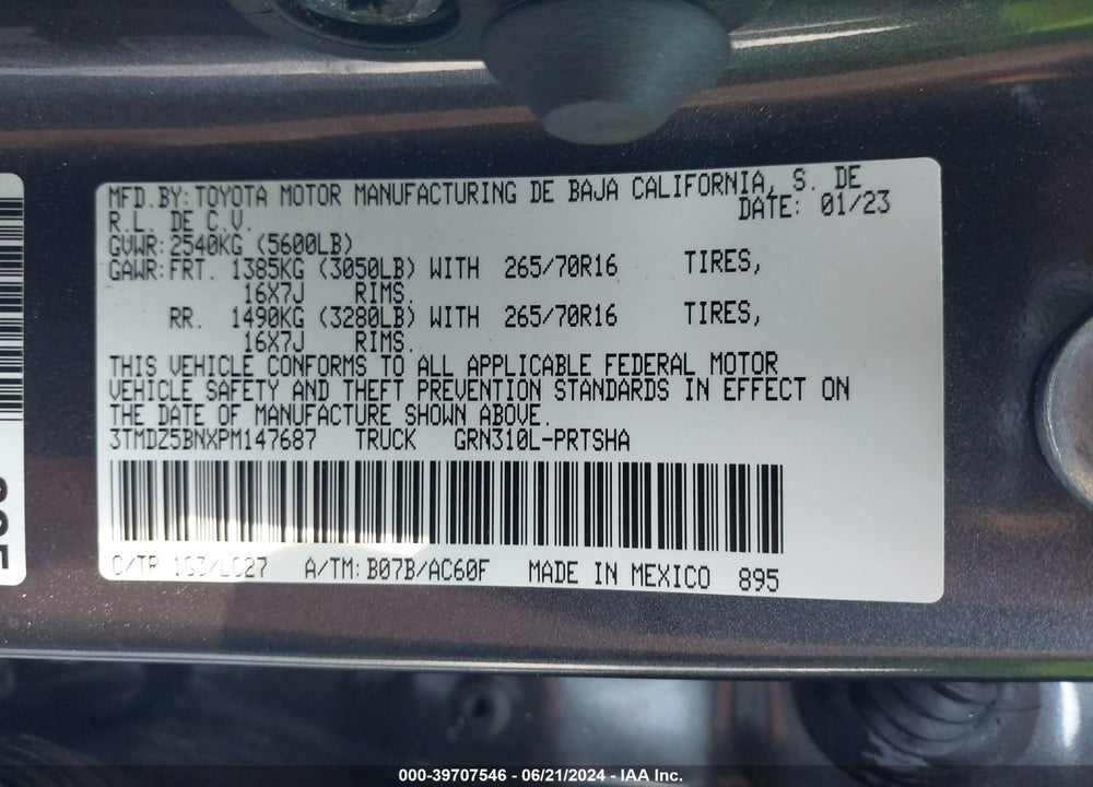2023 TOYOTA TACOMA TRD OFF ROAD VIN: 3TMDZ5BNXPM147687