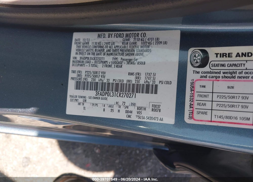 2012 FORD FUSION HYBRID VIN: 3FADP0L31CR270271