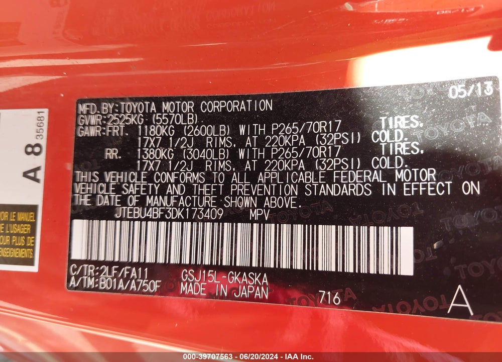 2013 TOYOTA FJ CRUISER VIN: JTEBU4BF3DK173409