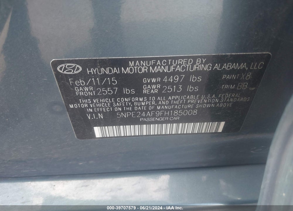 2015 HYUNDAI SONATA SE VIN: 5NPE24AF9FH185008