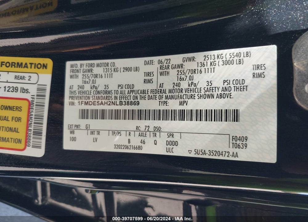 2022 FORD BRONCO VIN: 1FMDE5AH2NLB38869