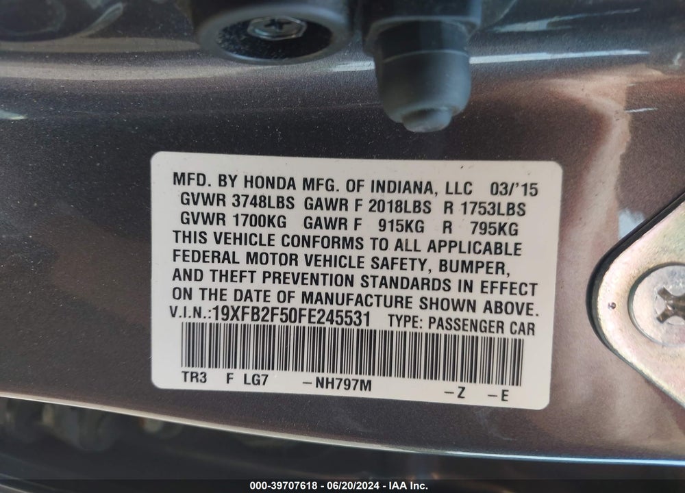 2015 HONDA CIVIC LX VIN: 19XFB2F50FE245531