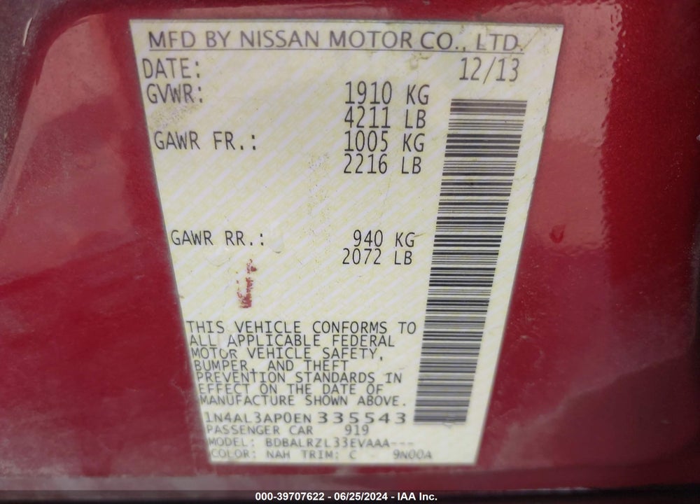 2014 NISSAN ALTIMA 2.5/2.5 S/2.5 SL/2.5 SV VIN: 1N4AL3AP0EN335543