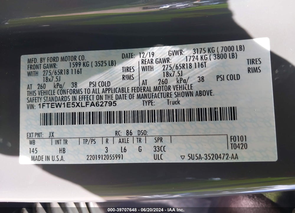 2020 FORD F-150 LARIAT VIN: 1FTEW1E5XLFA62795