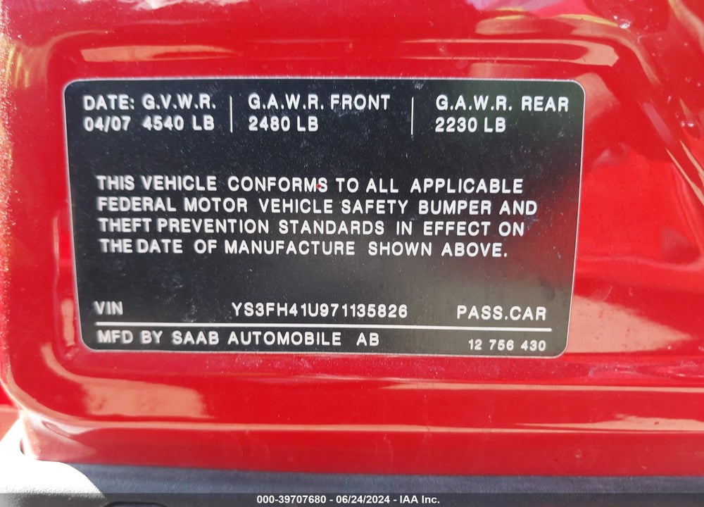 2007 SAAB 9-3 AERO VIN: YS3FH41U971135826
