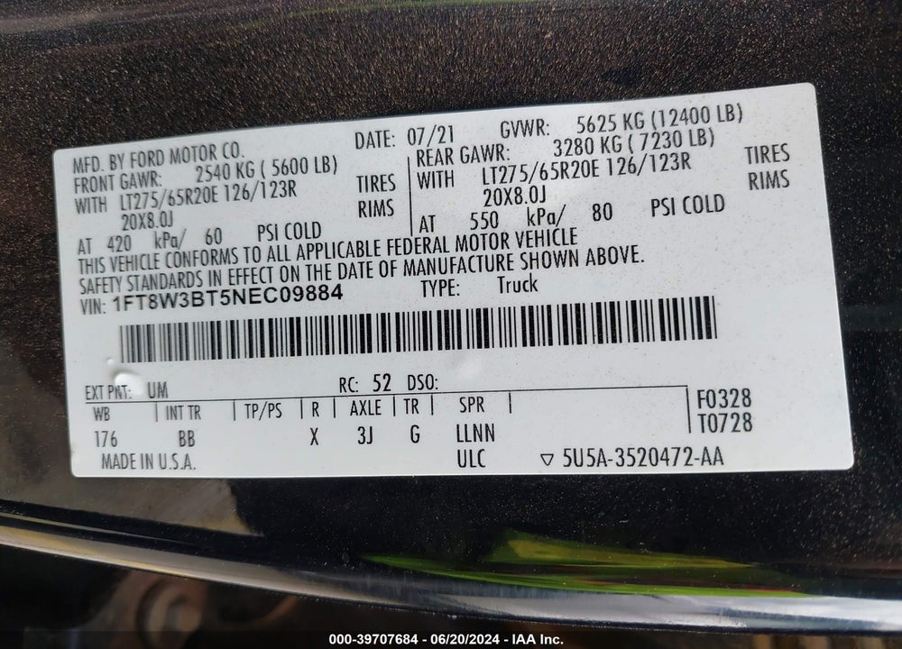2022 FORD F-350 PLATINUM VIN: 1FT8W3BT5NEC09884