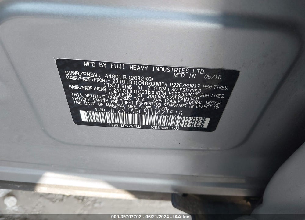 2017 SUBARU FORESTER VIN: JF2SJABC5HH421519