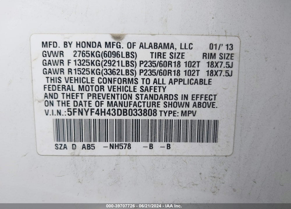 2013 HONDA PILOT EX VIN: 5FNYF4H43DB033808