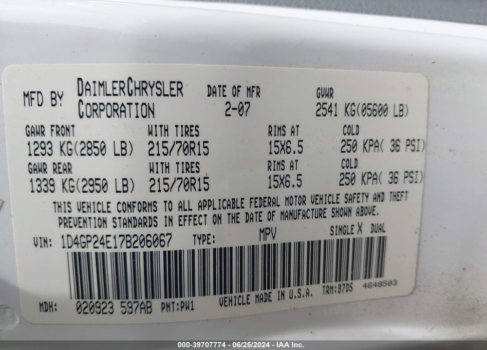 2007 DODGE GRAND CARAVAN SE VIN: 1D4GP24E17B206067