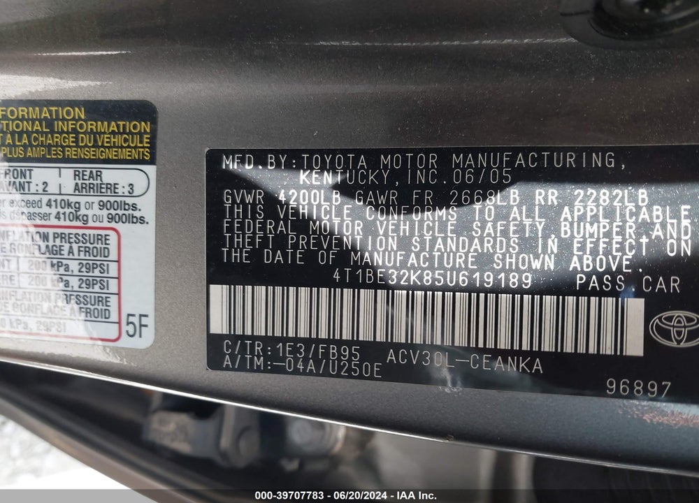 2005 TOYOTA CAMRY LE VIN: 4T1BE32K85U619189