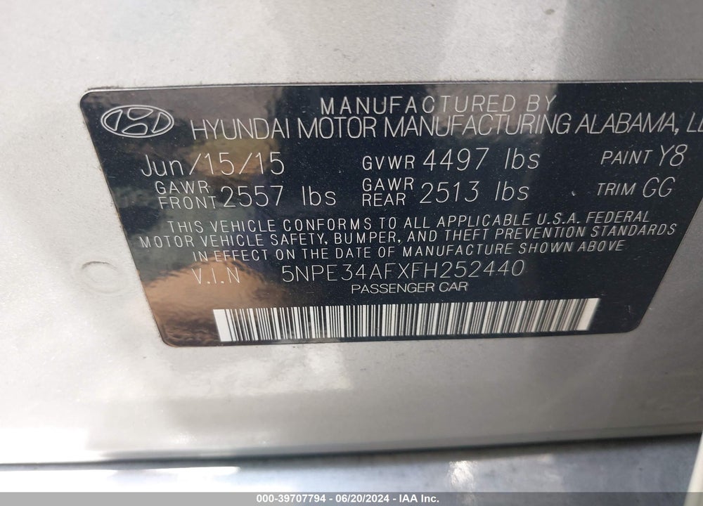 2015 HYUNDAI SONATA SPORT VIN: 5NPE34AFXFH252440